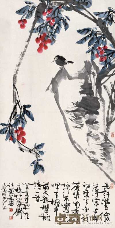 许麟庐 1983年作 樱桃小鸟 立轴 136×68.5cm